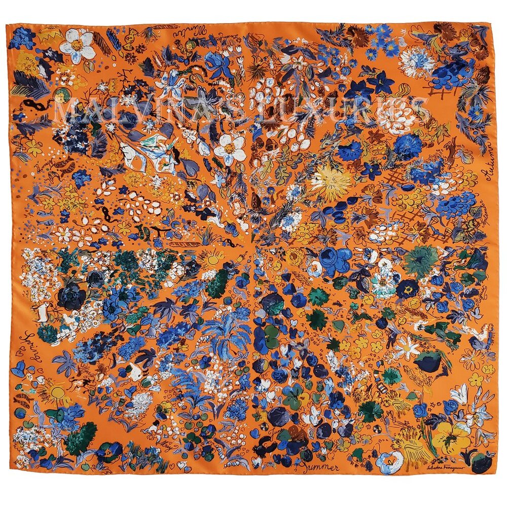 SALVATORE FERRAGAMO SCARF SIGNATURE FLOWER SEASON MULTICOLOR PRINT SILK 35" - Picture 2 of 14